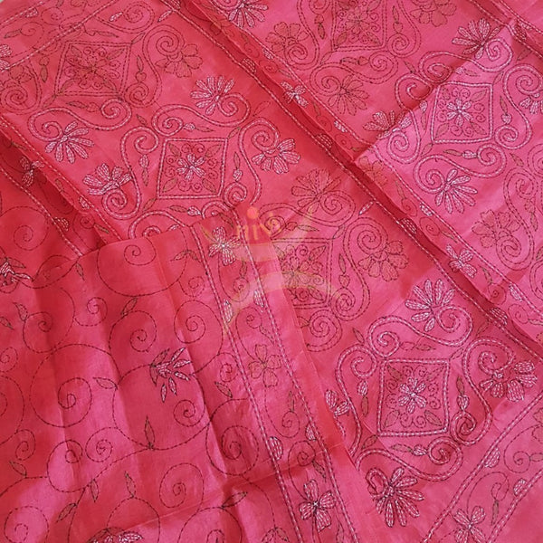 Red Hand embroidered kantha saree on paper silk with multicoloured floral motif.saree comes with running blouse.