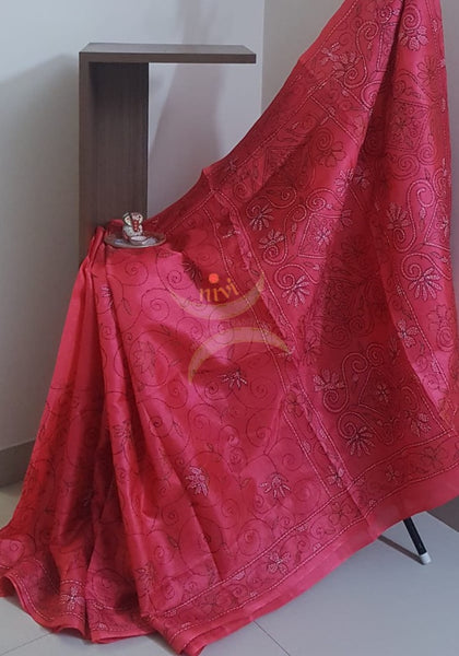 Red Hand embroidered kantha saree on paper silk with multicoloured floral motif.saree comes with running blouse.