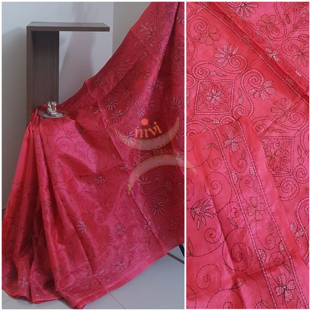 Red Hand embroidered kantha saree on paper silk with multicoloured floral motif.saree comes with running blouse.