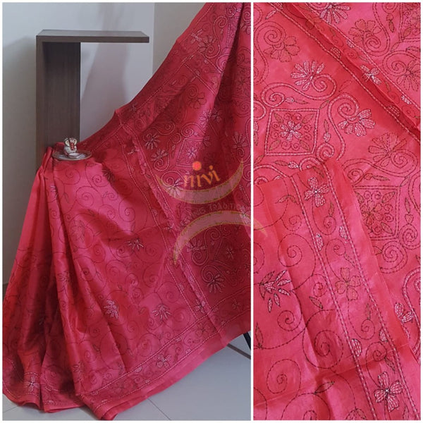 Red Hand embroidered kantha saree on paper silk with multicoloured floral motif.saree comes with running blouse.