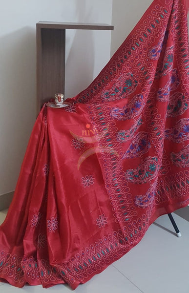Maroon Hand embroidered kantha saree on paper silk with multicoloured floral and paisley motif.saree comes with running blouse.