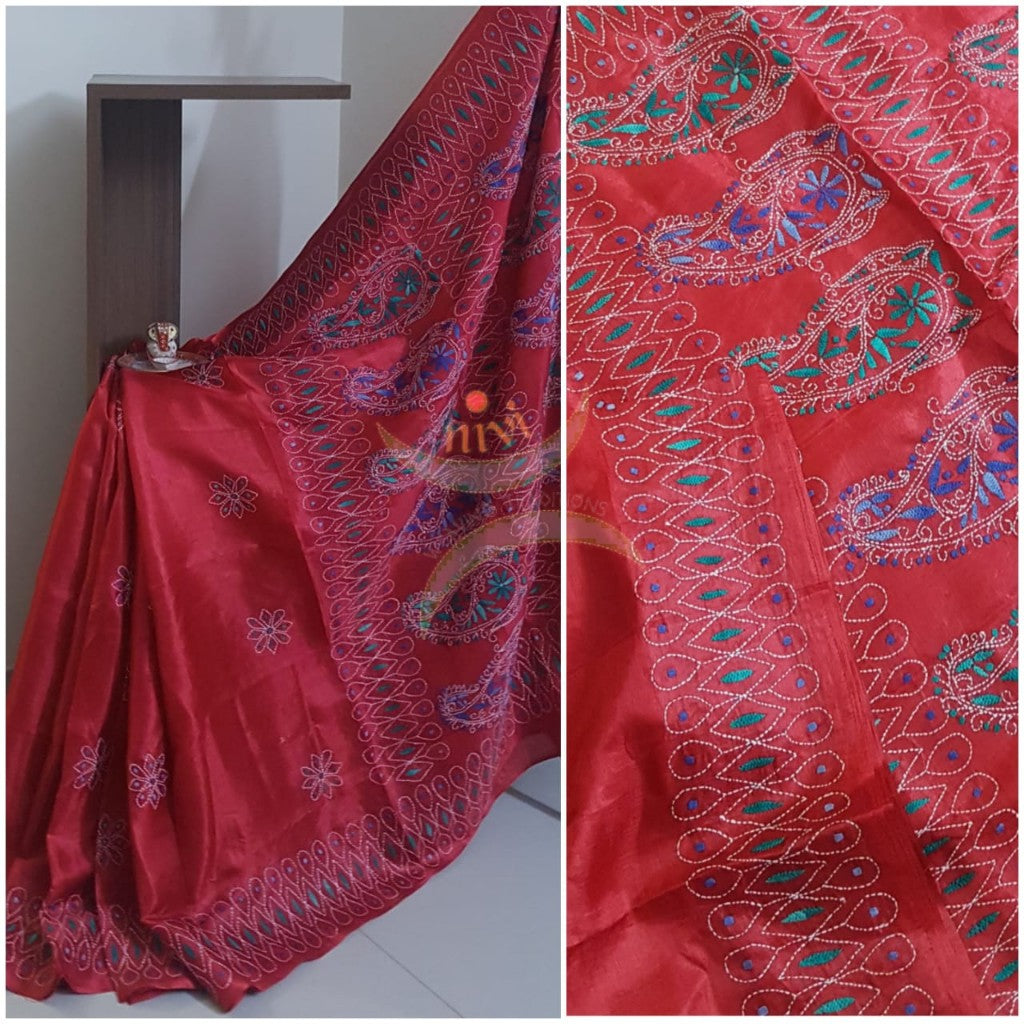 Maroon Hand embroidered kantha saree on paper silk with multicoloured floral and paisley motif.saree comes with running blouse.