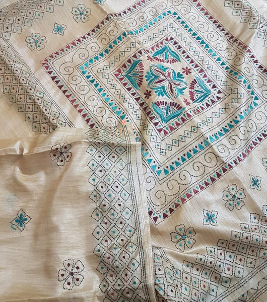 Beige hand embroidered kantha saree on paper silk and running blouse.