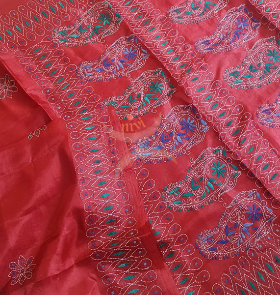 Maroon Hand embroidered kantha saree on paper silk with multicoloured floral and paisley motif.saree comes with running blouse.