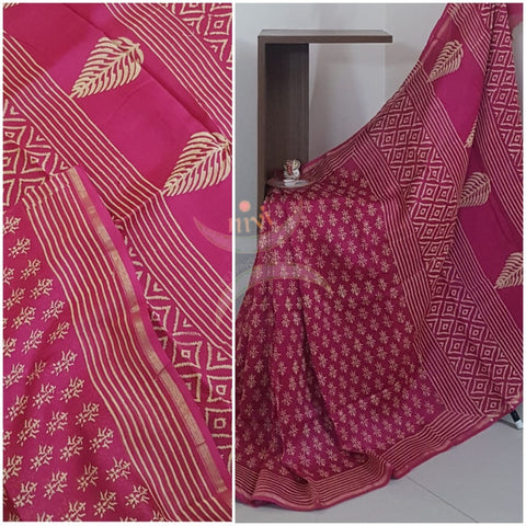 Pink handloom chanderi with dabu block print