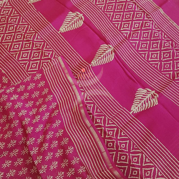 Pink handloom chanderi with dabu block print