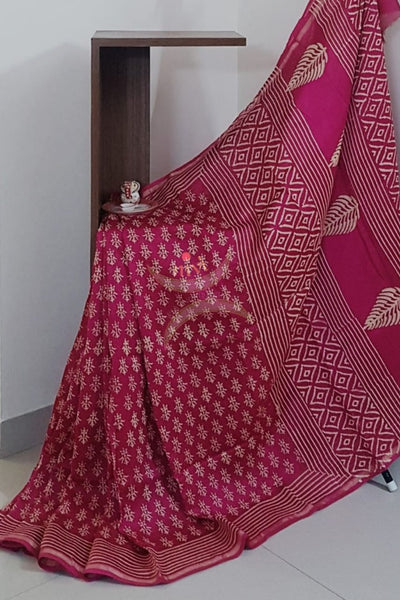 Pink handloom chanderi with dabu block print