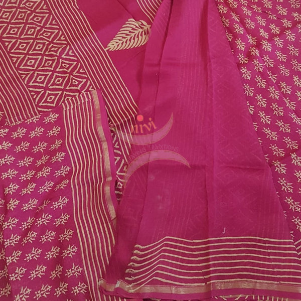 Pink handloom chanderi with dabu block print
