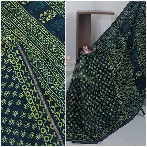 Green handloom chanderi with dabu block print