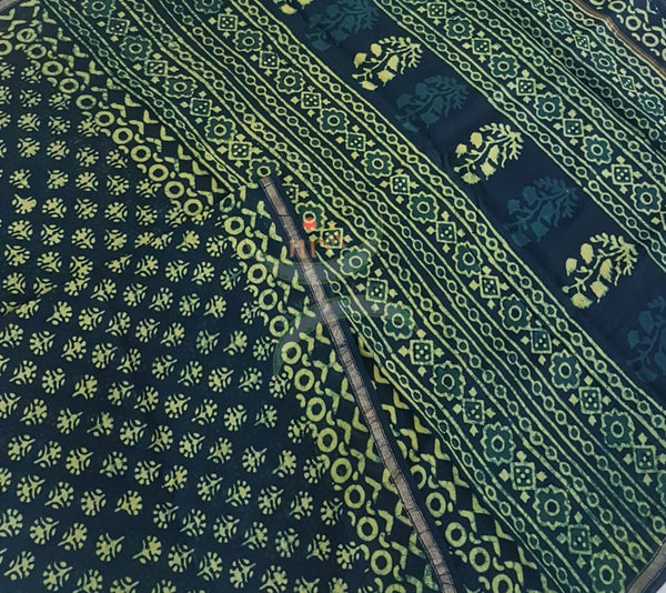 Green handloom chanderi with dabu block print