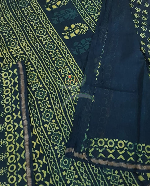 Green handloom chanderi with dabu block print