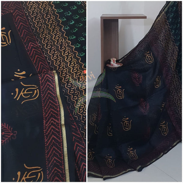 Black handloom chanderi with dabu block print