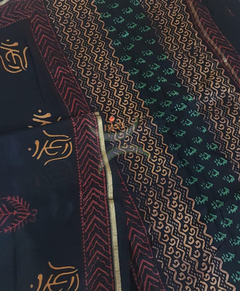 Black handloom chanderi with dabu block print