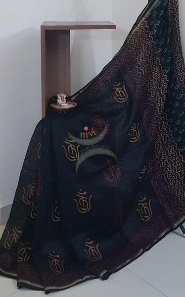 Black handloom chanderi with dabu block print