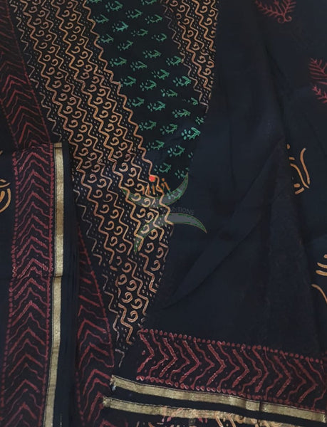 Black handloom chanderi with dabu block print
