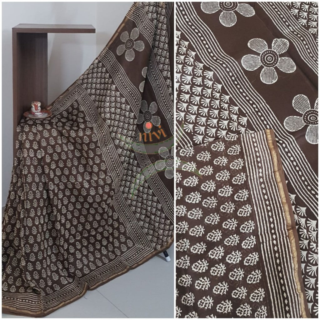 Brown handloom chanderi with dabu block print
