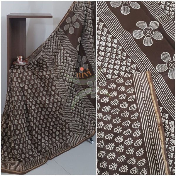 Brown handloom chanderi with dabu block print