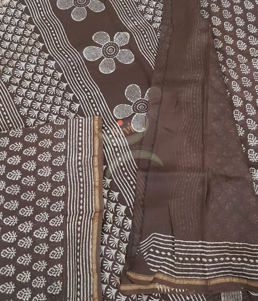 Brown handloom chanderi with dabu block print