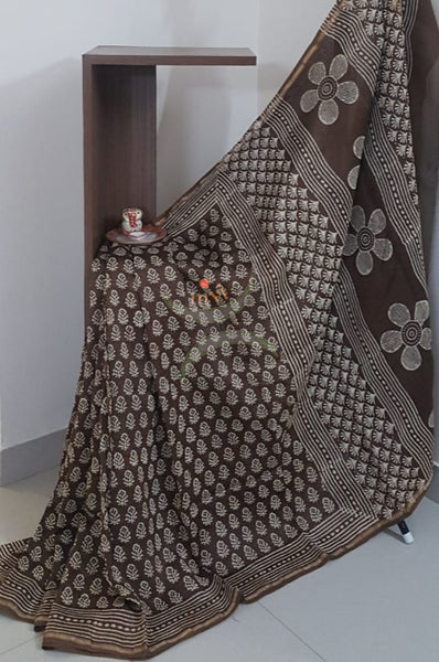 Brown handloom chanderi with dabu block print