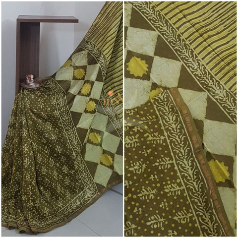 Mehendi green handloom chanderi with dabu block print