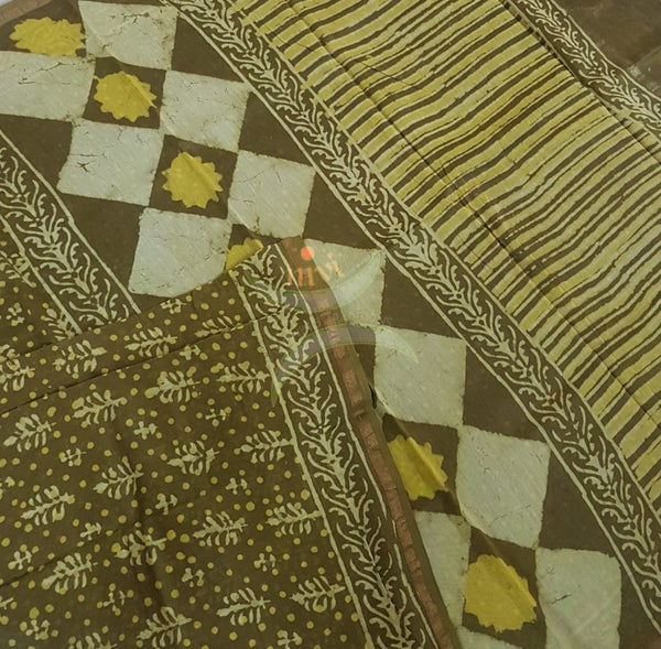 Mehendi green handloom chanderi with dabu block print