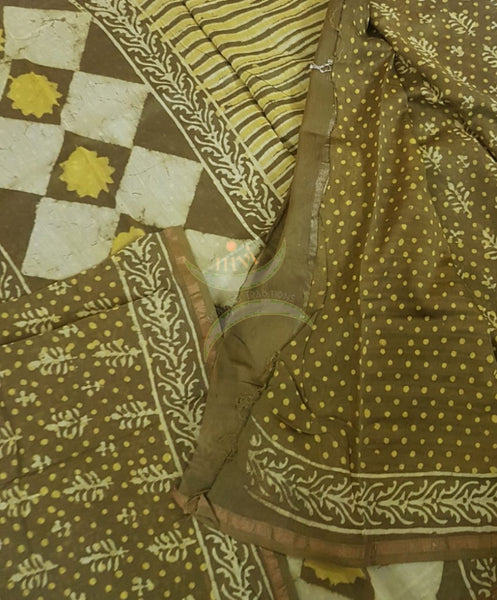 Mehendi green handloom chanderi with dabu block print