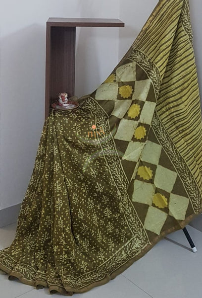 Mehendi green handloom chanderi with dabu block print