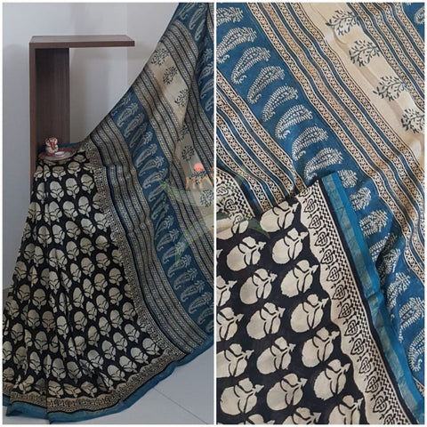 Black and white handlooms chanderi with bagru block print