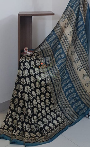 Black and white handlooms chanderi with bagru block print