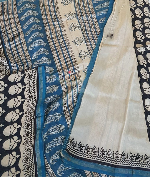 Black and white handlooms chanderi with bagru block print