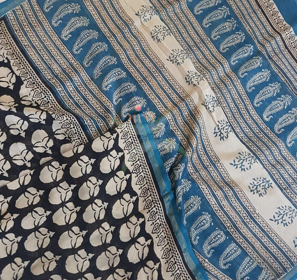 Black and white handlooms chanderi with bagru block print