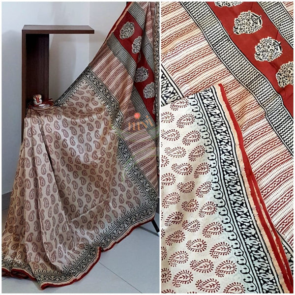 Beige and maroon handloom chanderi with bagru block print