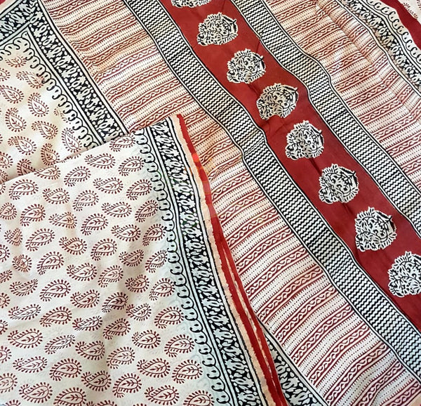 Beige and maroon handloom chanderi with bagru block print