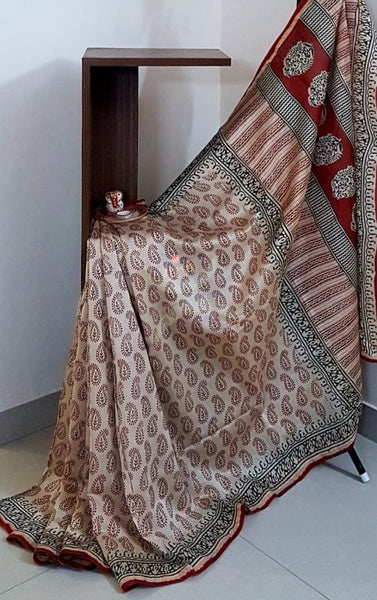 Beige and maroon handloom chanderi with bagru block print