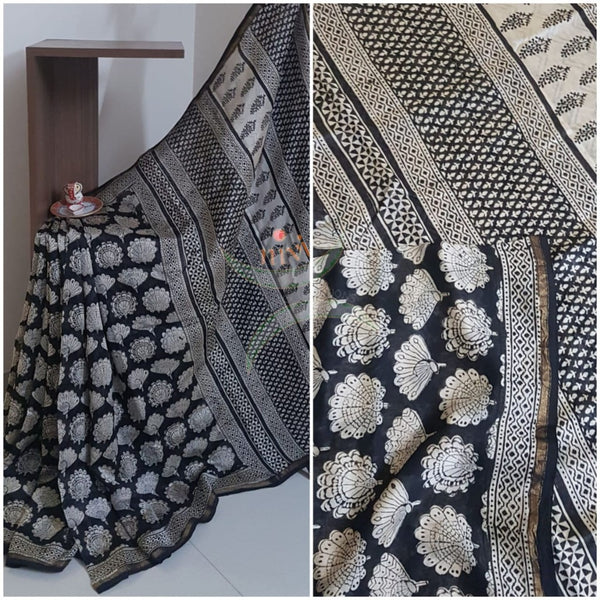 Black and white handloom chanderi with bagru block print