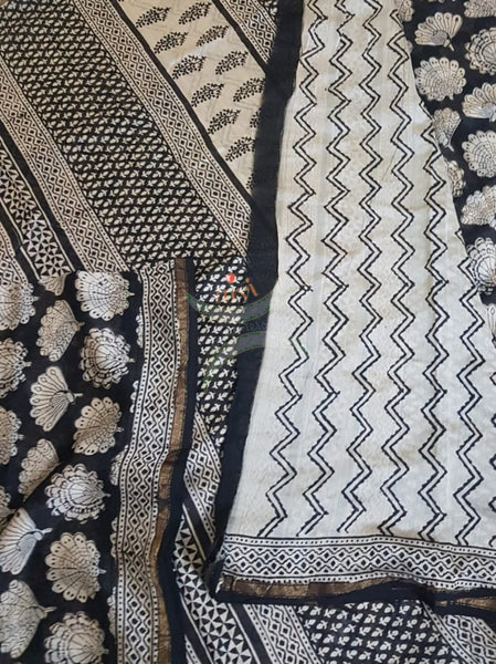 Black and white handloom chanderi with bagru block print