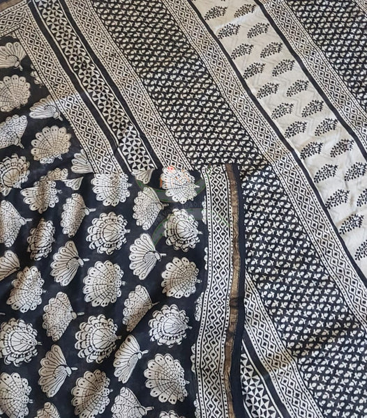 Black and white handloom chanderi with bagru block print