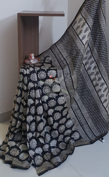 Black and white handloom chanderi with bagru block print