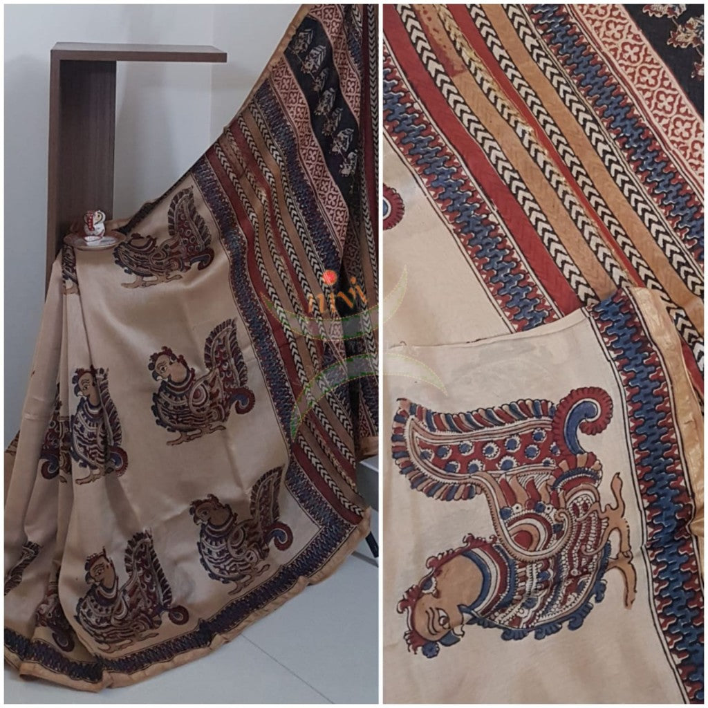 Beige handloom chanderi with kalamkari block print