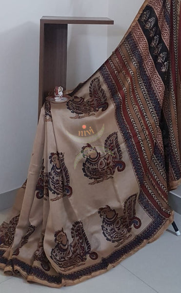 Beige handloom chanderi with kalamkari block print