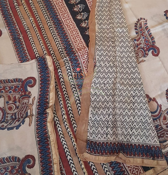 Beige handloom chanderi with kalamkari block print