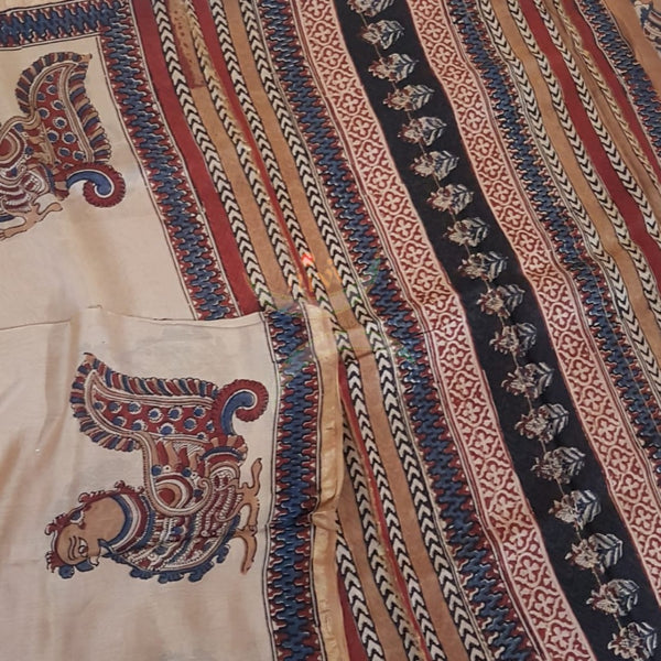 Beige handloom chanderi with kalamkari block print