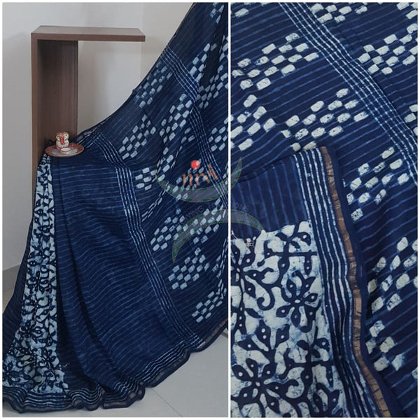 Indigo handloom half and half chanderi saree
