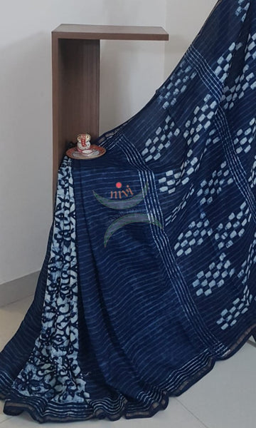 Indigo handloom half and half chanderi saree
