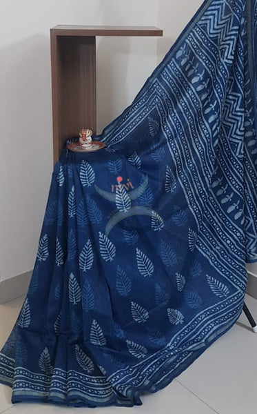 Indigo handloom chanderi saree with leaf motif