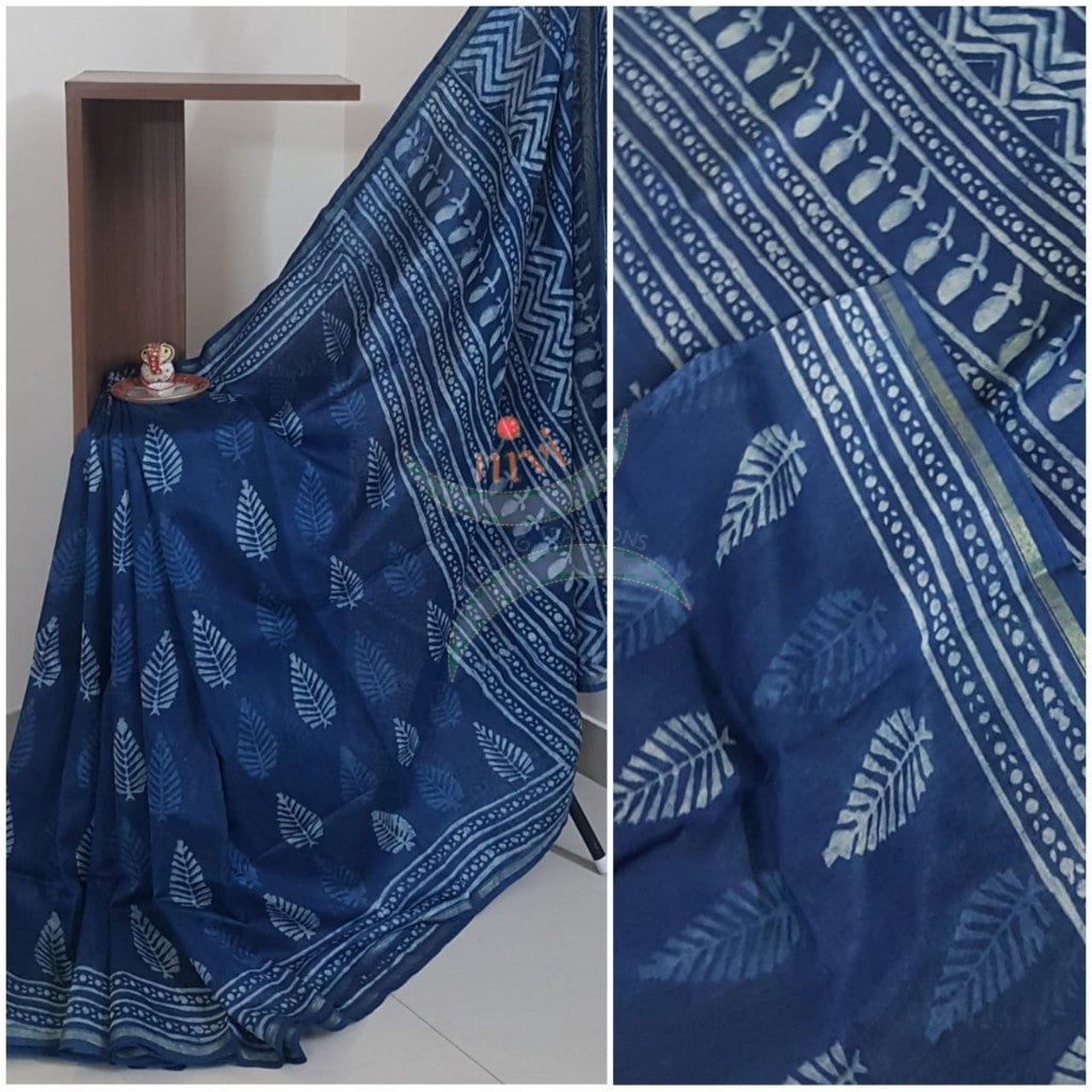 Indigo handloom chanderi saree with leaf motif