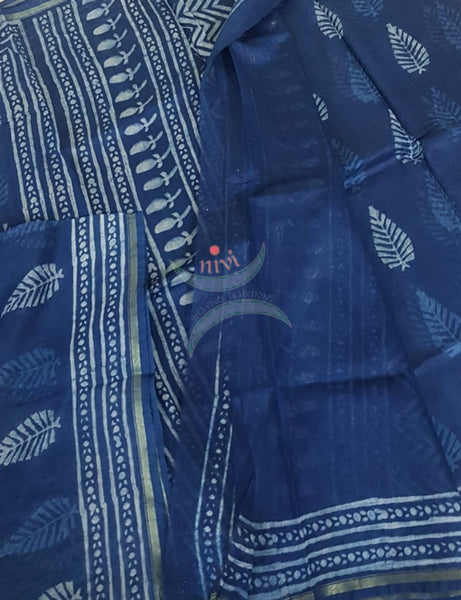 Indigo handloom chanderi saree with leaf motif