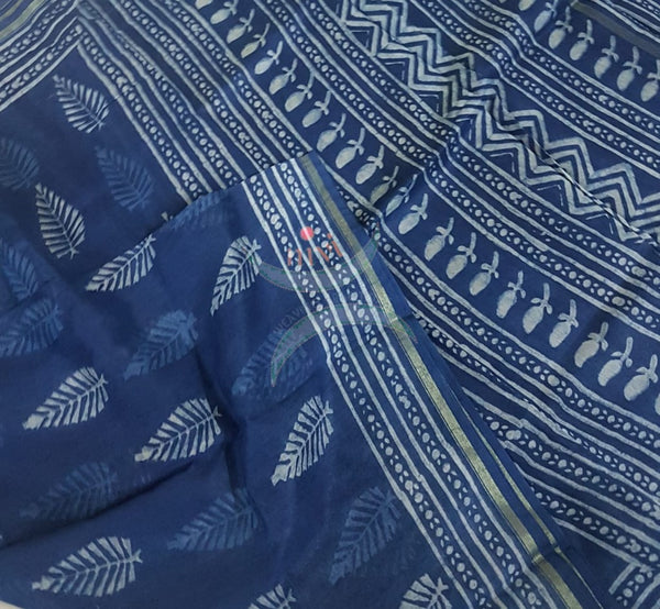 Indigo handloom chanderi saree with leaf motif