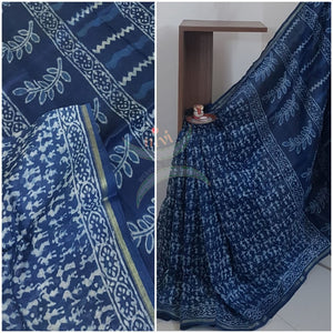 Indigo handloom chanderi saree with warli block print motif
