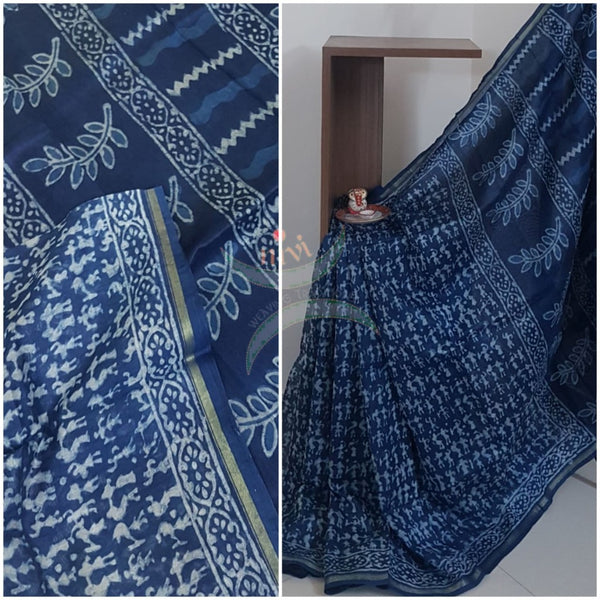Indigo handloom chanderi saree with warli block print motif